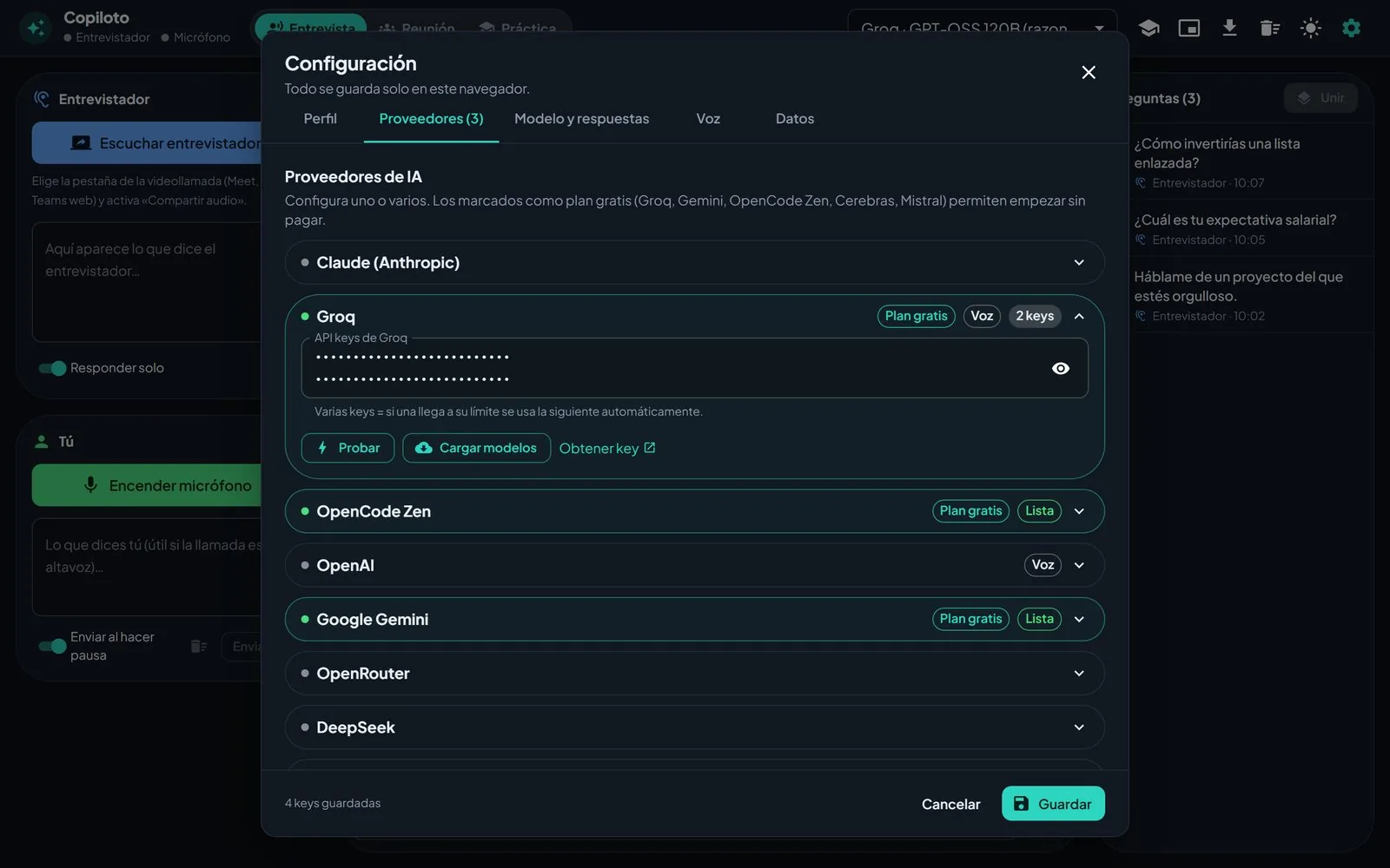Configuración de proveedores